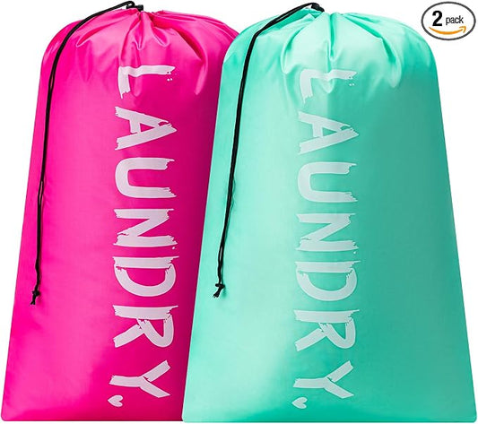 2 Pack 28" x 40"Travel Laundry Bag, Machine Washable Dirty Clothes Organizer with Drawstring,Large Enough to Hold 4 Loads of Laundry, Easy Fit a Laundry Hamper or Basket Travel Essentials