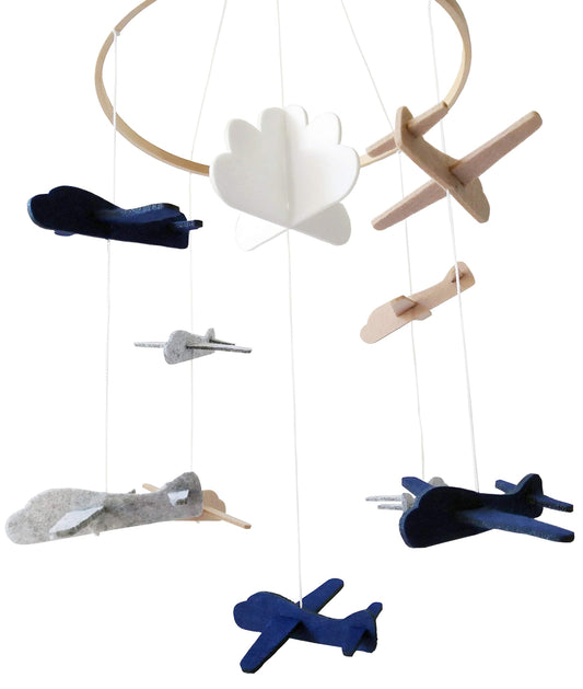 Baby Crib Mobile – Wooden Hanging Nursery Baby Mobile for Crib, Nursery Decor for Boys & Girls, Perfect Shower Gift (Airplanes in The Clouds, Grey and White) Also Fits Bassinets, Sorrel + Fern
