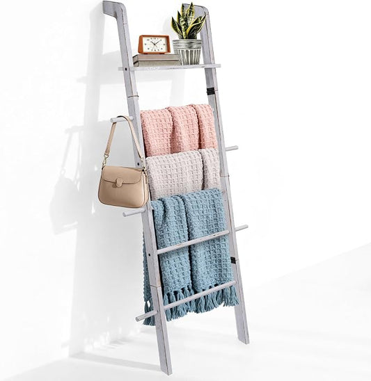 67" Wooden Blanket Ladder with Shelf and Hooks, 6-Tier Blanket Ladder for Living Room, Wall-Leaning Towel Ladder and Quilt Rack Storage, Farmhouse Decor Ladder for Display (Vintage White)