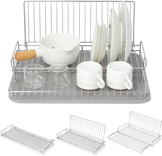 Foldable Dish Drying Rack, Small Dish Drying Rack for Narrow Kitchen Counter, Compact Dishes Drying Rack with Grey Drying Mat - Collapsible, Stainless Steel, Silver
