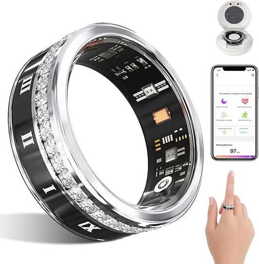Diamond-encrusted Smart Health Ring for Men and Women - Fitness Tracker with Heart Rate, Blood Oxygen, Blood Pressure, Step Counting, Sleep Monitoring, IP68 Waterproof for iPhone and Android, Black 8#