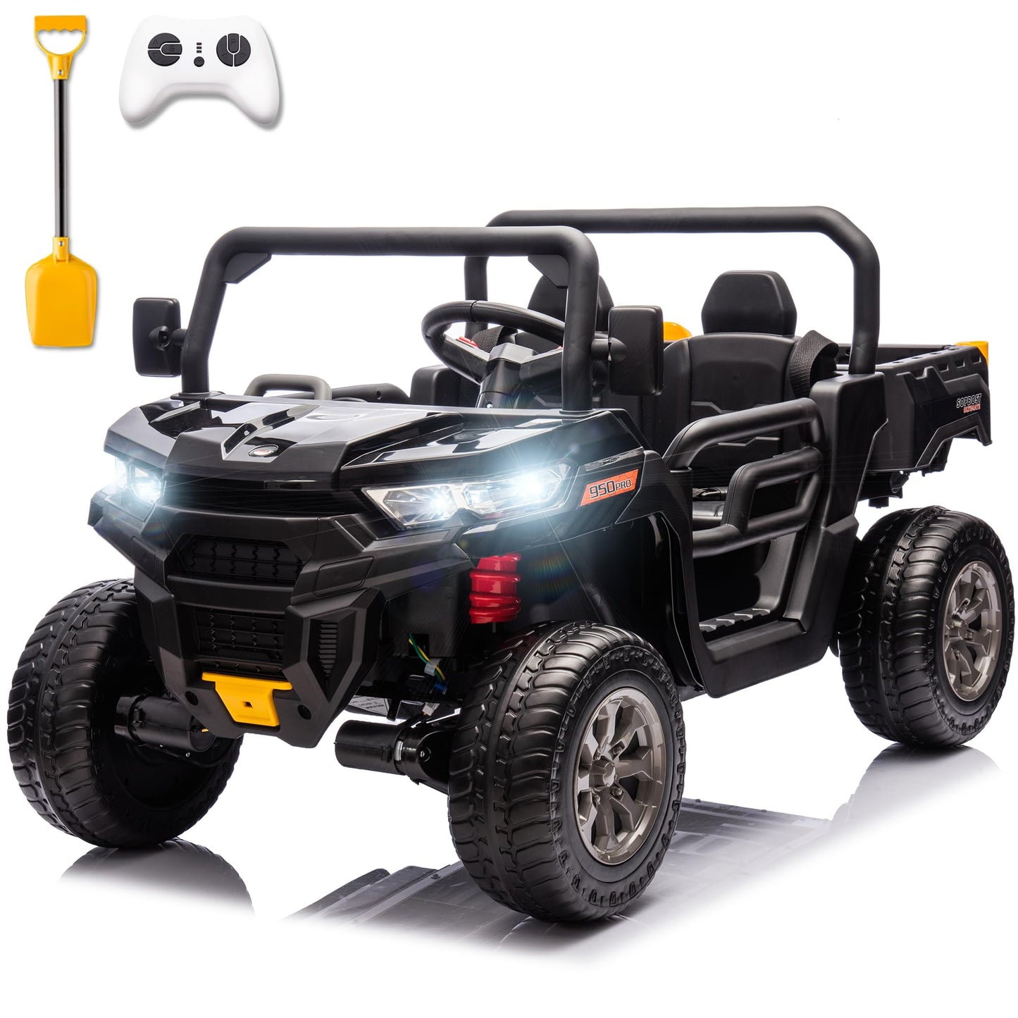 Sopbost 2 Seater 24V Ride On Toys for Big Kids with Electric Dump Bed 4WD Battery Powered Cars for Kids with Remote Control, Ride On Car with EVA Tires Wheels, Shovel, Music, Black