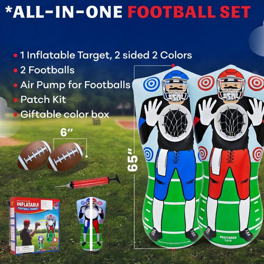 Preferred Toys 65” Inflatable Football Target Net Toss Game - Double-Sided Throwing Practice Football Stuff with Mini Balls - Backyard Tailgate Party Sports Toy for Kids & Adults - Red/Blue