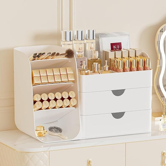 Makeup Organizer with Drawers, Large Capacity Countertop Organizer for Vanity, Bathroom and Bedroom Desk Cosmetics Organizer, Easy To Storage Skincare, Brushes, Eyeshadow, Lipstick (All White)