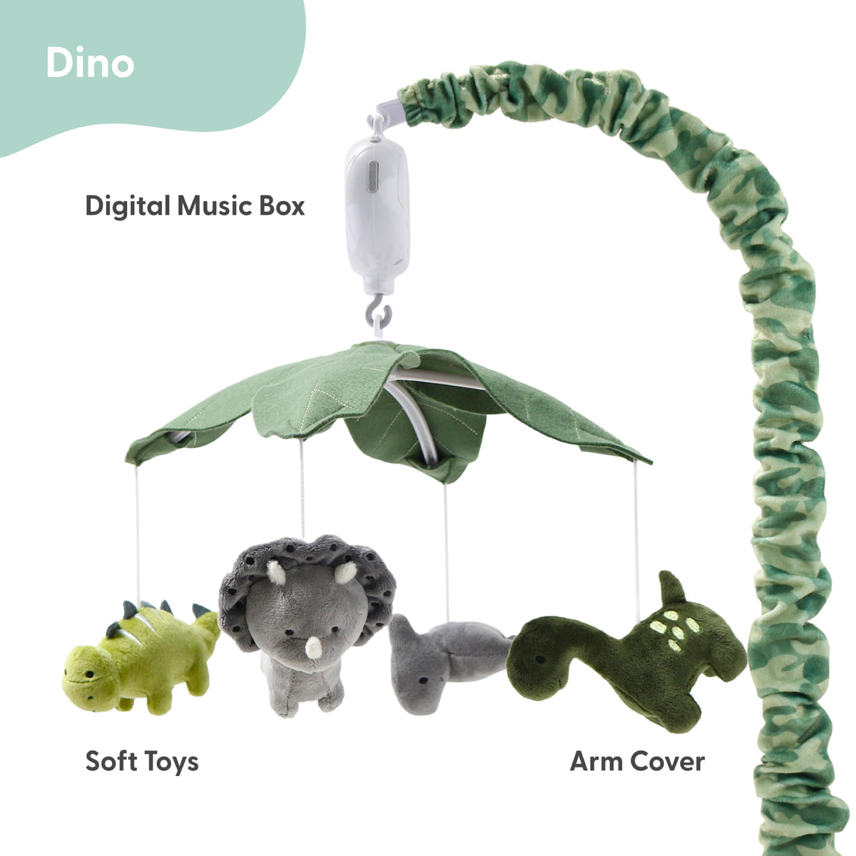 The Peanutshell Crib Mobile for Boys or Girls - Grey and Green Camo Musical Baby Crib Mobile with 12 Lullabies, Dino Baby Dinosaur Nursery Decor