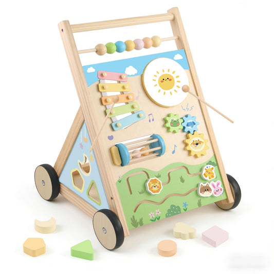 Ranqibo Wooden Baby Walker, Baby Walker with Wheels, Includes Montessori Sensory Toys and Activity Center, 6-18 Months for Boys and Girls