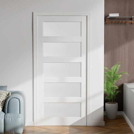 24"x 80" 5-Lite Frosted Glass French Interior Slab Door, Solid Core Wood with MDF Door Panel for Bedroom Closet Laundry Pantry Bathroom White Pre-Finished Surface Paintable, w/o Hardware