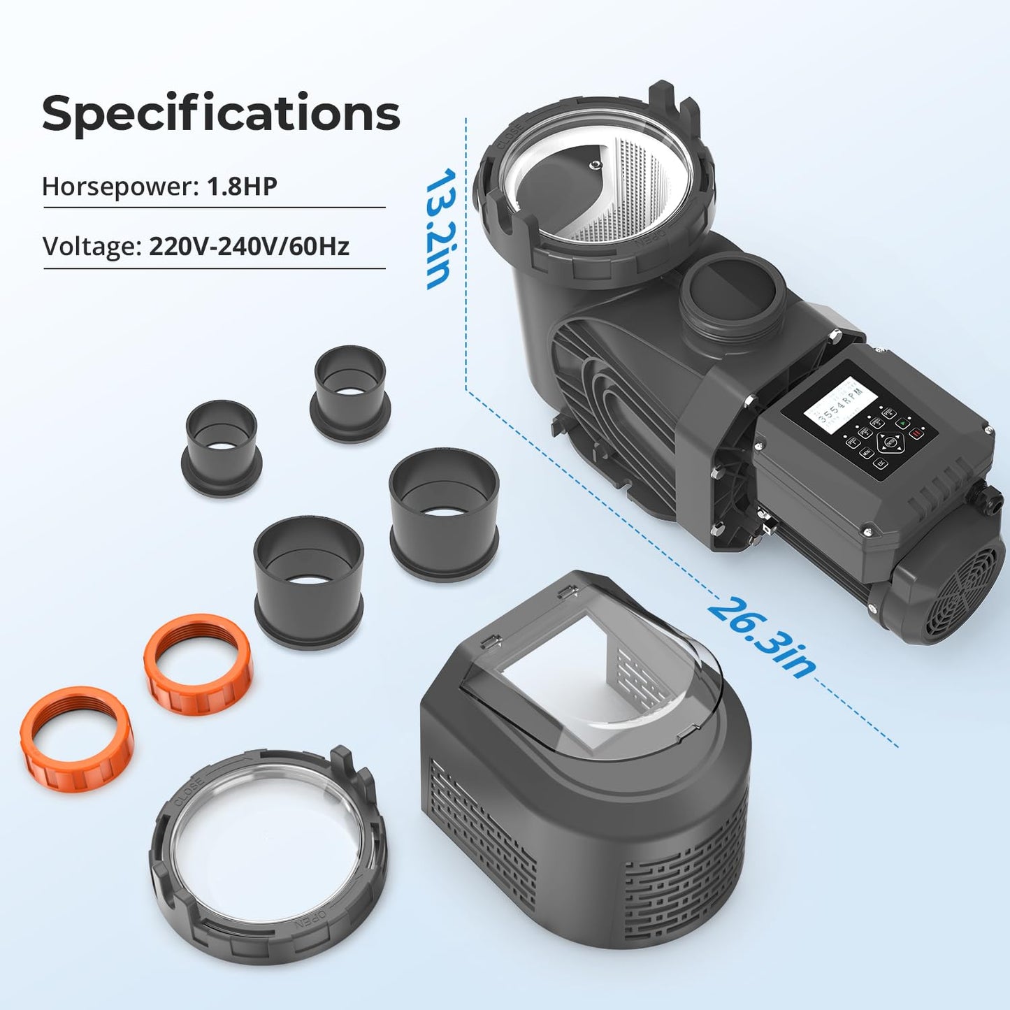 1.8 HP Variable Speed Pool Pumps,Self-Primming Above/Inground Pool Pump 9114 GPH with Timer 220-240V