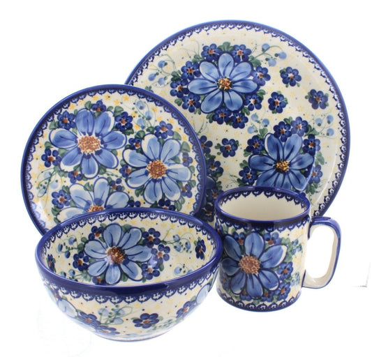 Blue Rose Polish Pottery - Blue Daisy Surprise 4 PC Place Setting - Service for 1-1 Place Setting - Great for Everyday Dining, Casual Dining, or as Formal Dinnerware