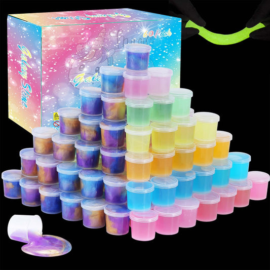 60 Pack Galaxy Slime Pack, Including Glow in The Dark Slime 30 Pack and Galaxy Color 30 Pack, Super Soft and Stretchy Slime Toy for Kids Valentine, Birthday, Classroom Prizes, Goodies Bag Stuffer.