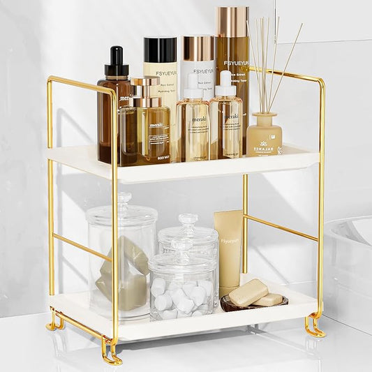 FSyueyun 2-Tier Bathroom Counter Organizer, Tool-Less Vanity Organizer for Skincare, Premium Plastic Bathroom Organizer Tray for Perfume & Cosmetics, （White & Gold）
