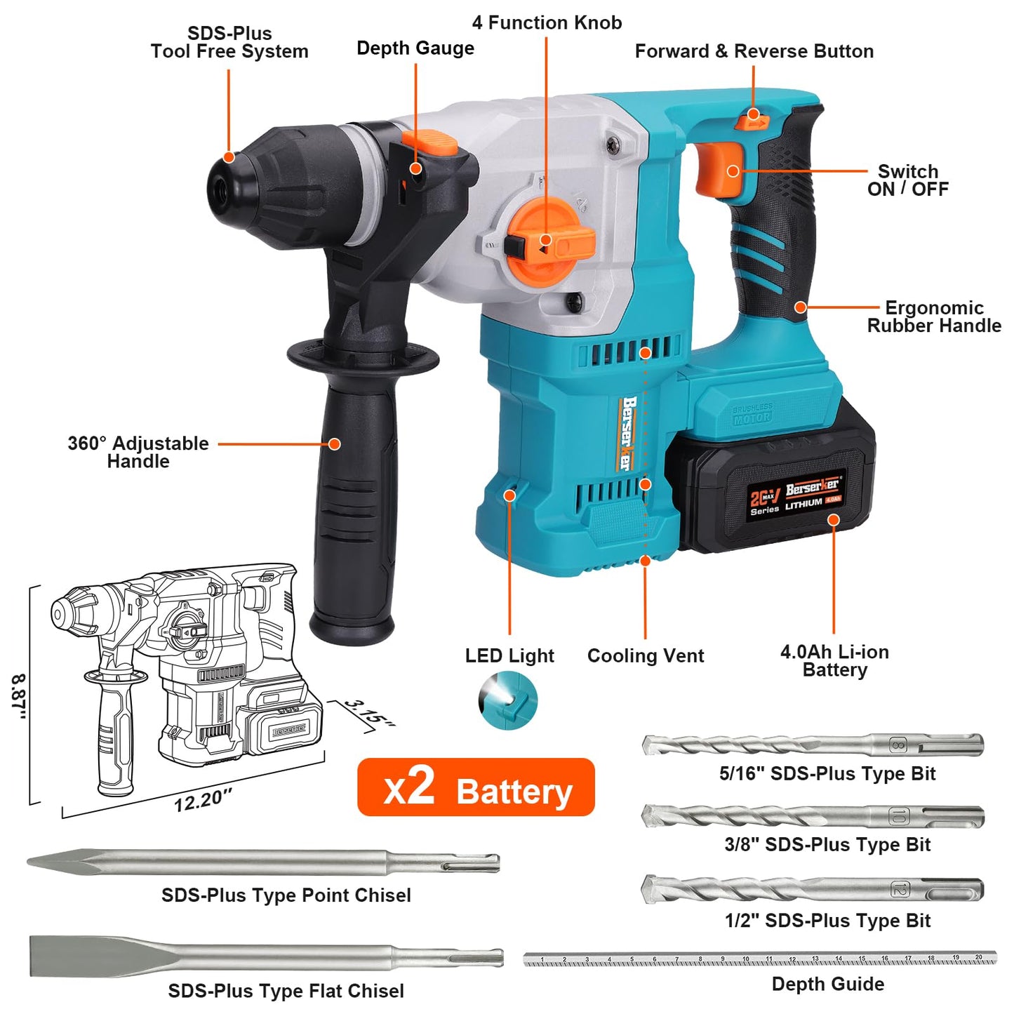 Berserker 20V Cordless 1-1/8" Rotary Hammer Drill SDS-Plus Brushless Motor included 2X4.0Ah Li-ion Battery with Dual Kickback Control,3.0A Fast Charger,4 Mode Variable Speed Rotomartillo for Concrete