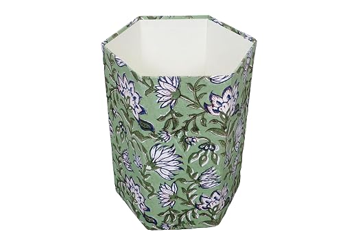 3.3 Gallon Cotton Hand Block Printed Paper Waste Basket |Small Decorative Trash Can for Housewarming Gifts in Living Room, Bedroom, Bathroom | Eco-Friendly, Plastic-Free (1, L Green Blue FLOWAR)