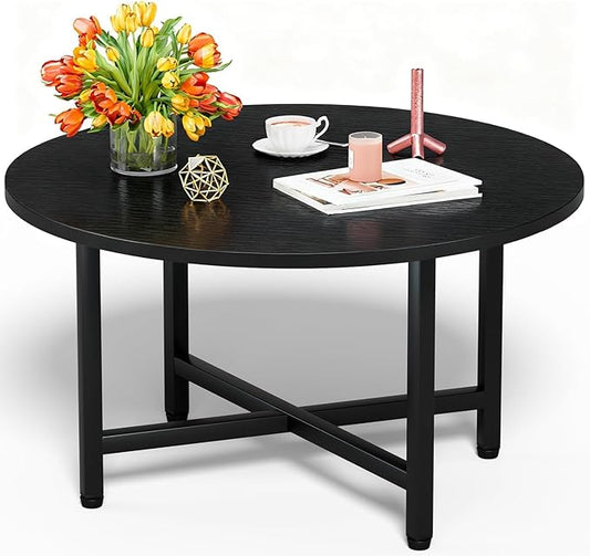 FAMIDGE Round Coffee Table, Small Coffee Tables for Living Room, Black Coffee Table with Metal Frame, Floor Table Desk for Sitting on The Floor, Home, Office, Farmhouse, Black (23.6" D x 17.7" H)