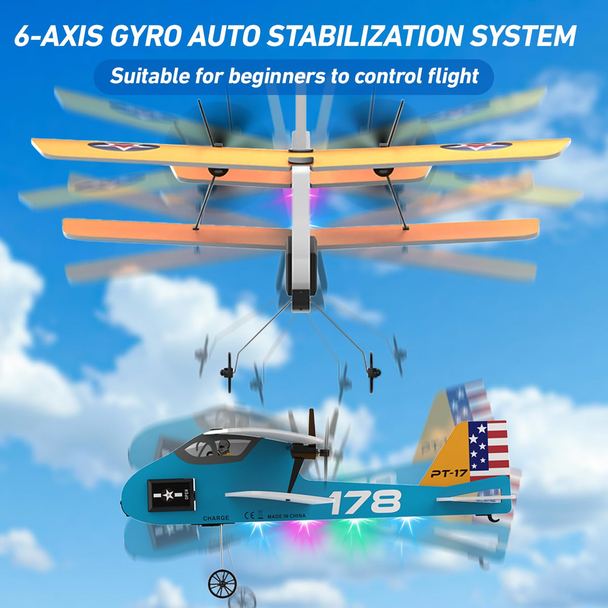 Toileum RC Plane, 2.4Ghz Remote Control Airplane with 3 Batteries & 6-axis Gyro Stabilizer, 2 Channel RTF PT-17 RC Toy, Easy to Fly for Beginners Kids Boys Girls Adults (Yellow)