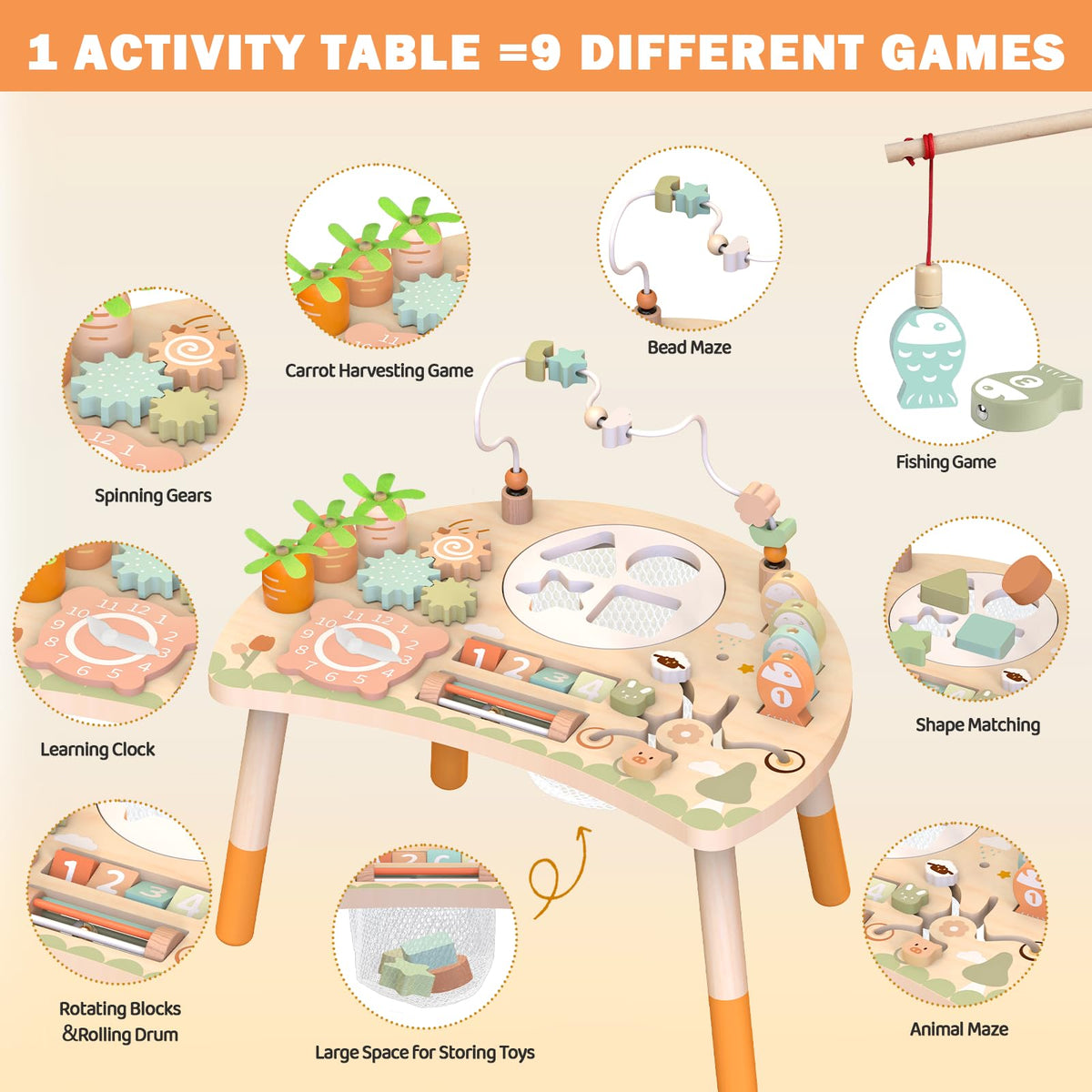Weilim Activity Table, 9-in-1 Wooden Montessori Toy Activity Center with Shape Sorter Fishing Game Bead Maze, Baby Play Table Sensory Educational Toys for Toddler
