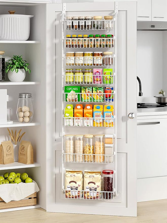 Delamu Over The Door Pantry Organizer, 8-Tier Pantry Door Organizers and Storage with Adjustable Basket, Metal Hanging Spice Rack, Seasoning Organizer, Door Organizer for Home Kitchen Bathroom, White