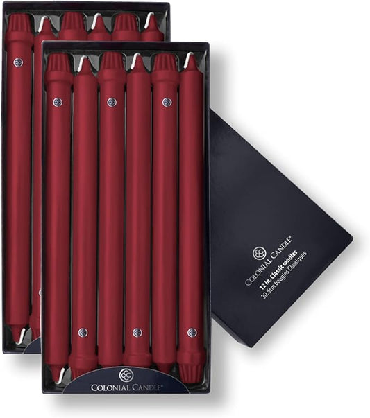 Colonial Candle Unscented Taper Candle, Classic Collection, Traditional Cranberry, 12 In, Pack of 12 - Up to 10 Hours Burn