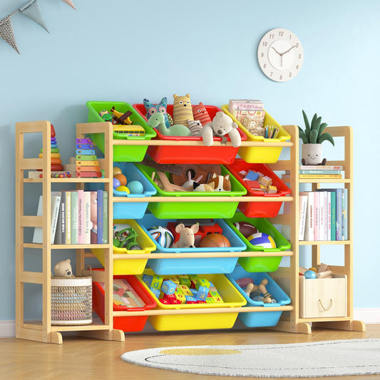 Ratulie Large Toy Storage Organizer Kids Toy Organizer and Bookshelf Combo with 12 Bins and 6 Shelves Toy Organization Box Toy Shelf for Playroom, Bedroom, Nursery
