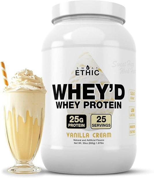 Whey'd Protein Powder, 25 G Whey Protein Blend with Concentrate, Isolate & Hydrolysate, Low Lactose & Digestive Enzymes for Easy Mixing & Smooth Texture, Vanilla Cream Flavor, 25 Servings