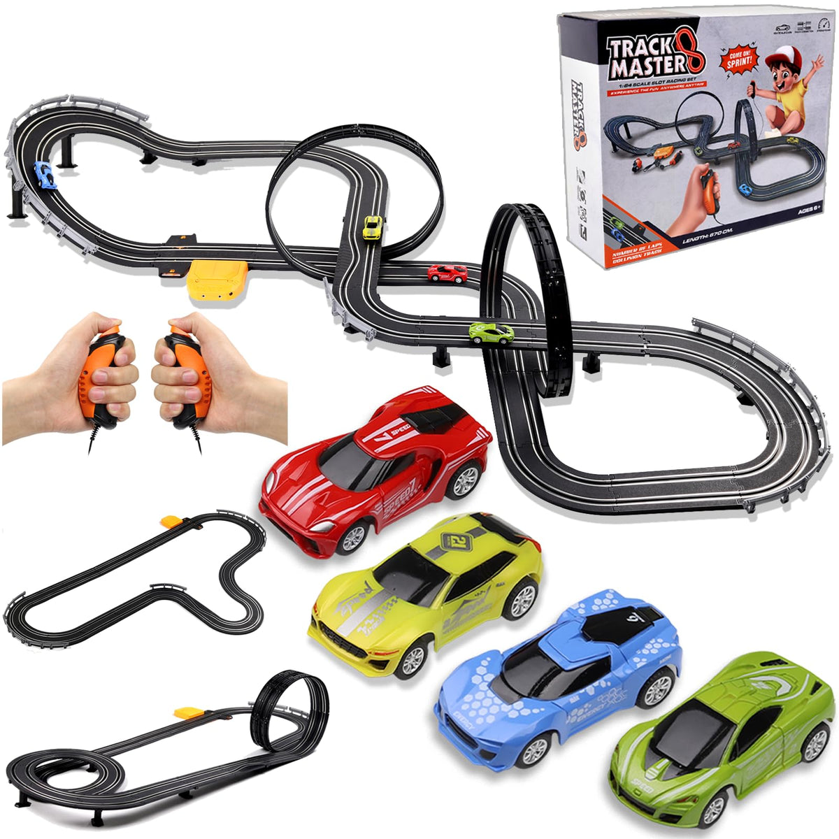 Slot Car Race Track Sets, 23ft Battery Powered or Electric Track with 4 Slot Cars, Dual Racing Game Lap Counters, Race Track Set Features a Loop, Turns, Straightaways and a Crossover for Boys Age 6-12