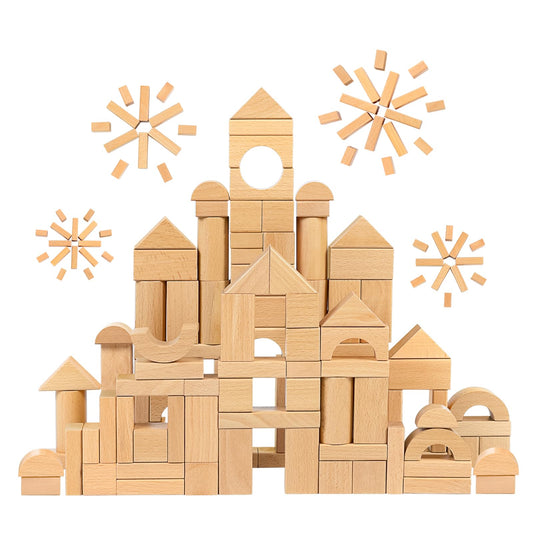 MEEYOO 100pcs Natural Beech Wooden Building Blocks for Toddlers 1-3, Wooden Blocks for Baby Shower with Storage Bucket, Montessori Toys for Preschool Girls and Boys