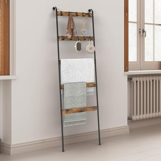 Blanket Ladder Shelf for Living Room, 5-Tier Wall Leaning Towel Rack with 10 Removable Hooks, Rustic Farmhouse Wooden Quilt Blanket Holder for Bedroom Boho Bathroom Decor, Rustic Brown