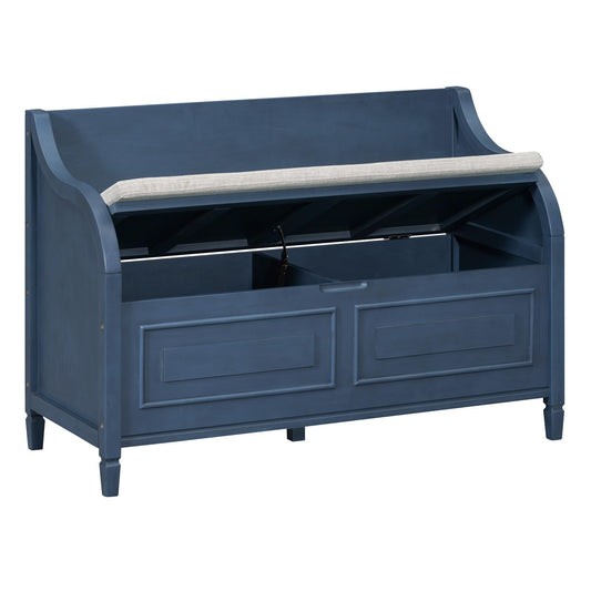 Brisca Rustic Style Storage Bench with Safety Hinge,Solid Wood Entryway Multifunctional Shoe Stool,W/Removable Upholstered Cushion,for Foyer,Bedroom,Antique Navy+Beige