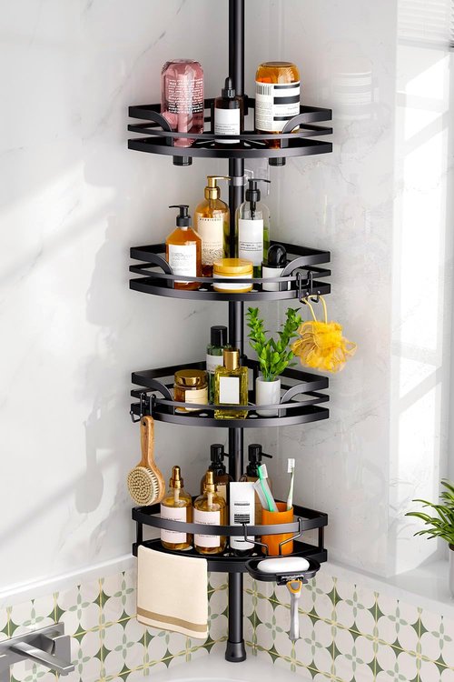 HAMITOR Shower Caddy - Rustproof Adjustable Tension Pole Organizer | 47-121 Inches - Black Bathroom Shelf for Shampoo Storage