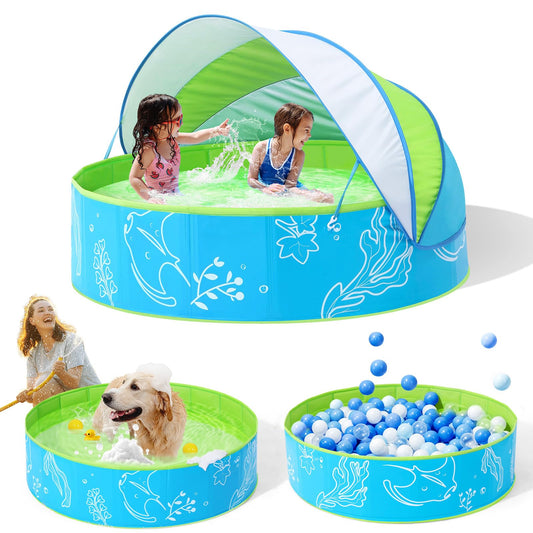 Hikiddy Foldable Kiddie Pool with Canopy: 31.5in/ 47in /63in for Baby Toddler Kids Family - Summer Water Play Pool with Shade - Portable for Outdoor Backyard Beach (Blue-Green, 47in)