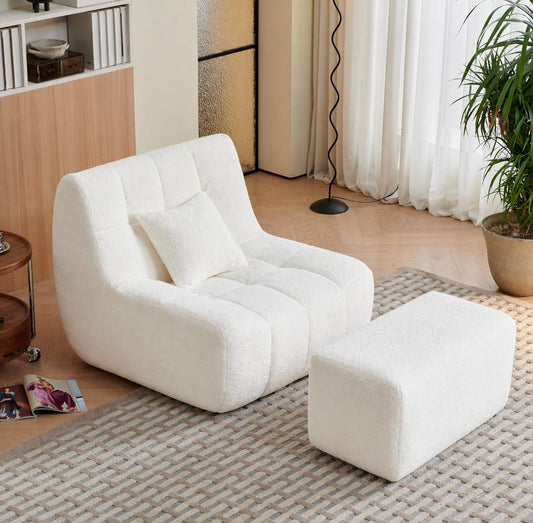 Bean Bag Chair With Footrest,Integrated Sponge Lounge Chair,Comfortable Bean Bag Sofa with Backrest, Faux FurBeanBagChair forAdultsandKids, Ideal for Bedrooms,Living Rooms,and Apartments(White)