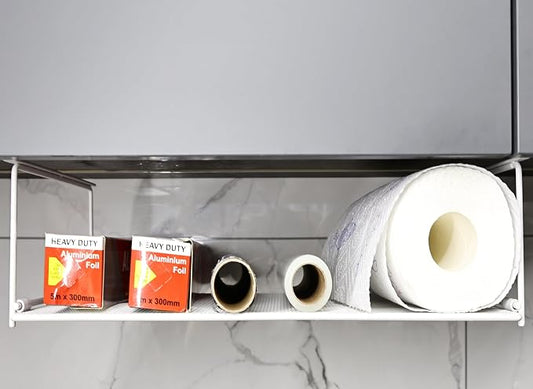 EHKIT Foil and Plastic Wrap Organizer Holder Foldable Under Cabinet Shelf Kitchen Pantry Desk Hanging Storage Rack (White)