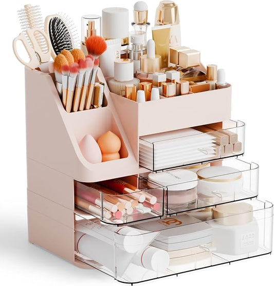 Yieach Pink Makeup Organizer Countertop With 4 Drawers,Large Cosmetics Storage Organizer for Brush,Hair Products,Plastic Makeup Holders and Beauty Skincare Organizers for Bathroom,Vanity,Dresser Top