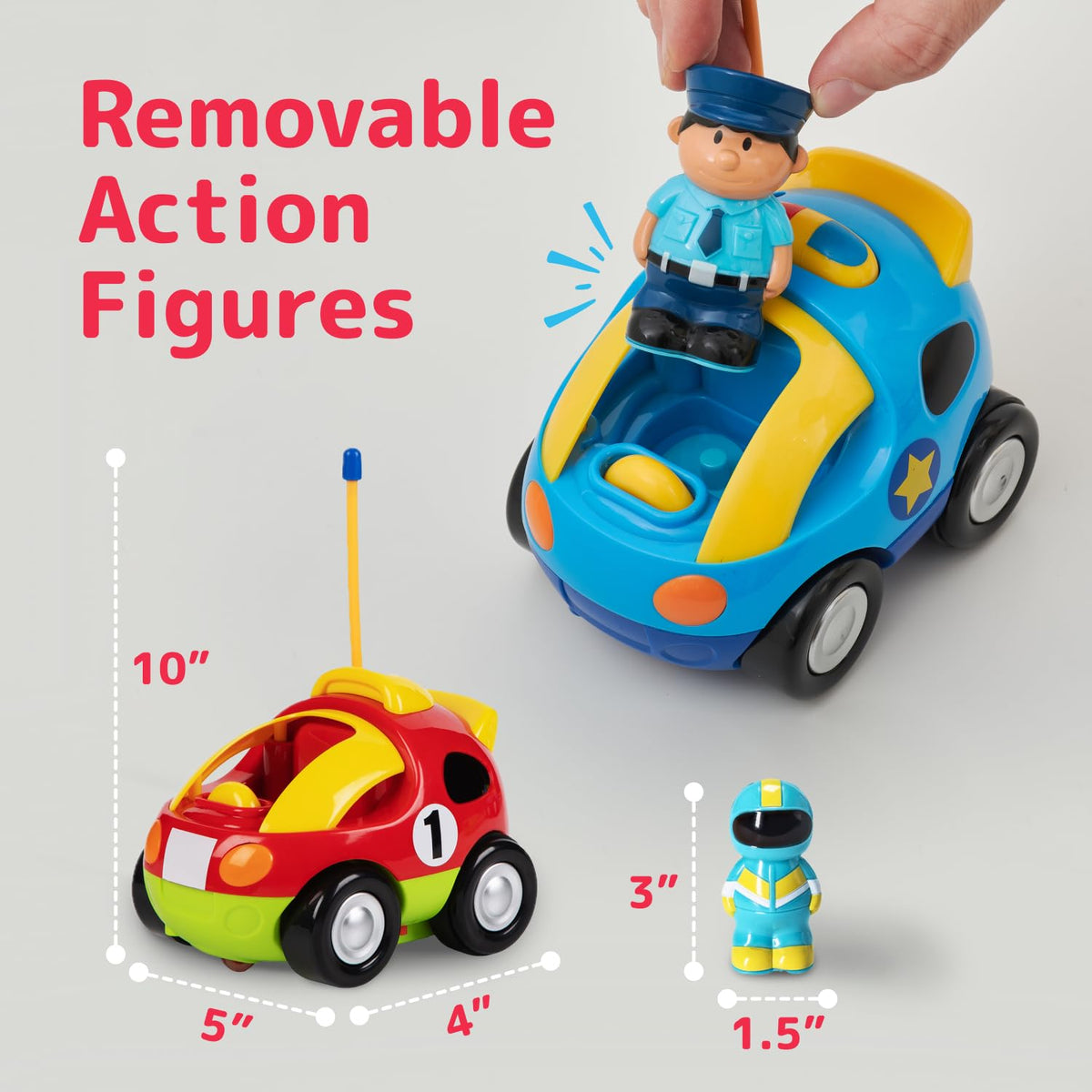 PREXTEX 2 Pack Cartoon Remote Control Cars for Toddlers - Police Car and Race Car with Steering Wheel Controllers and Lights - Different Frequencies Racing Together - Easter Toddler Gift 18+ Months