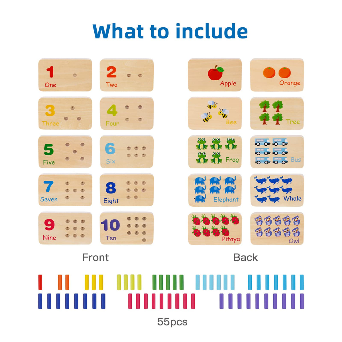 TOOKYLAND Peg Board Toddler Toys, Counting Wooden Toys with 55 Pegs, Wooden Math Manipulatives,Montessori Math and Numbers for Kids & Kindergarten Learning Activities