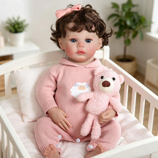 Tookyhill 16 Inch Lifelike Reborn Baby Doll, Full Vinyl Body, Poseable Limbs, Pink Knit Outfit & Plush Bear Toy, Realistic Newborn Doll Gift for Toddler Girls Age 3+ (Pink Bear)