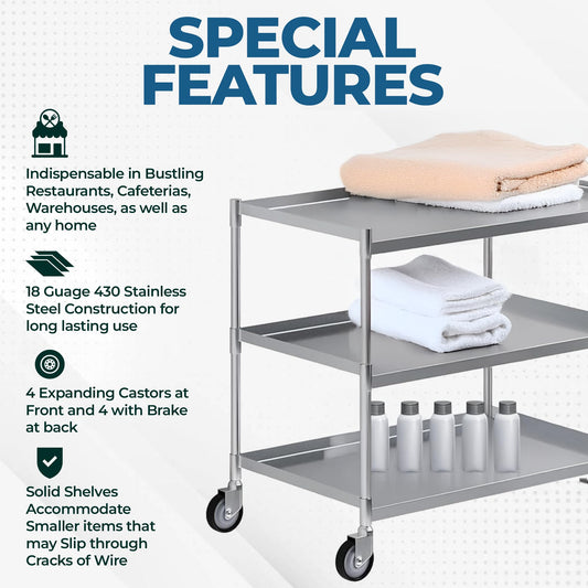 3 Shelf Stainless Steel Tubular Utility Cart | Metal Utility Cart on Wheels with Handle | NSF Certified | (15" Wide X 24" Long X 33" High)
