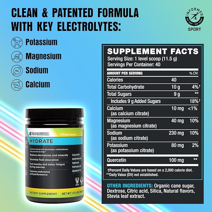 BODi Hydrate Performance Hydration Supplement, Quercetin Enriched Electrolyte Powder, 4 Key Electrolytes: Potassium, Magnesium, Sodium, Calcium - Supports Endurance & Fluid Balance, Citrus, 40 SRV