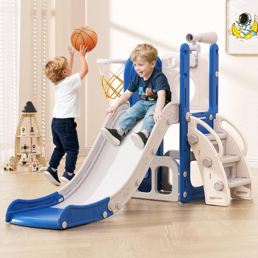 Babytronic Toddler Slide, 6 in 1 Kids Indoor Slide for Toddlers 1-3, Baby Indoor and Outdoor Climber Playset, Kids Slide with Basketball Hoop and Telescope, Toddler Outdoor Playground (Blue&Gray)