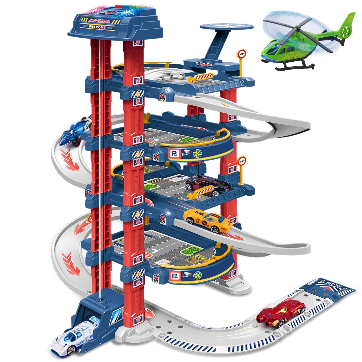DUYOYU City Ultimate Garage Track Set with Electric Elevator, Upgrade 5 Levels Toy Car Garage with 5 Die-Cast Toy Cars & 1 Helicopter