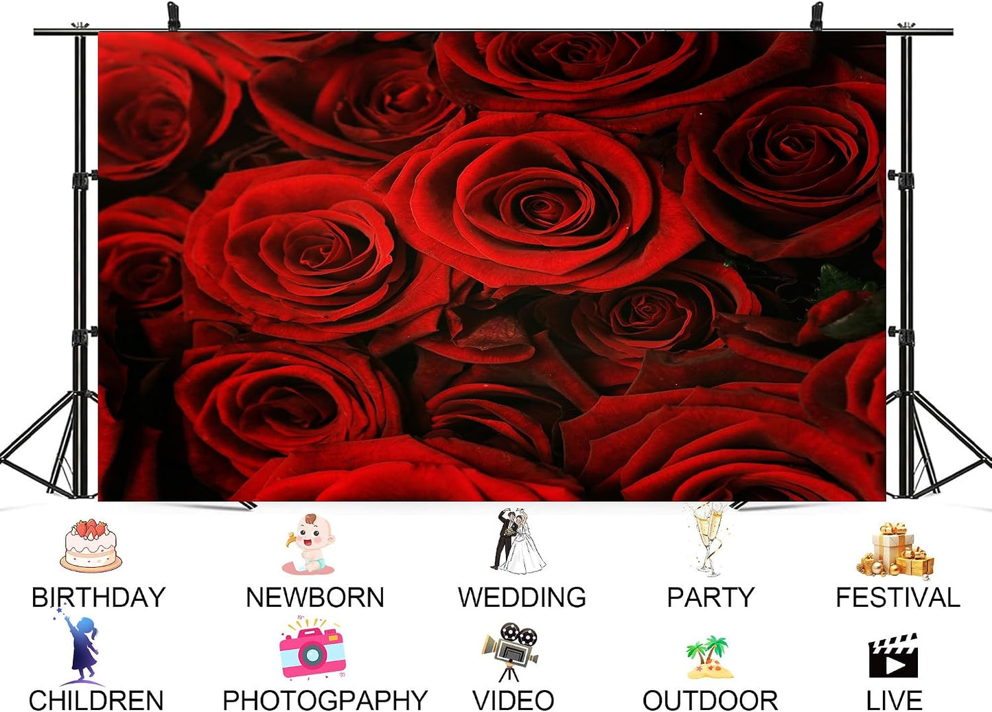 UPXIO 5x5ft Luxury Red Rose Bouquet Backdrop Dense Floral Blooms Photo Background Tapestry for Wedding Anniversary