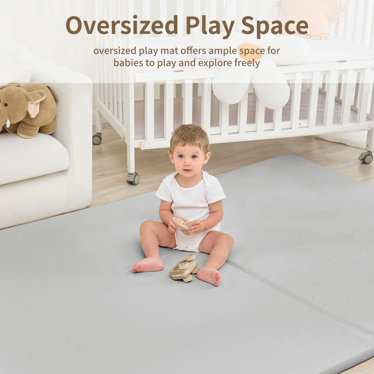 Yumiio Large Vegan Leather Baby Play Mat for Floor,1.3"Thick Foam 59x82 Foldable Waterproof Kids Play Mat,Stylish and Just Wipe-Clean Playmat for Baby Play on Floor (Grey)