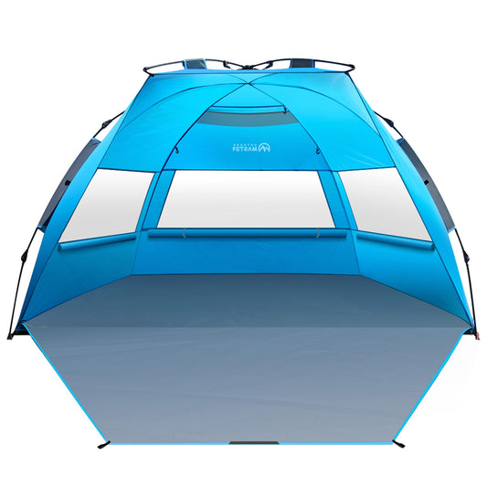 OutdoorMaster Pop Up Beach Tent for 4 Person - Easy Setup and Portable Beach Shade Sun Shelter Canopy with UPF 50+ UV Protection Removable Skylight Family Size - Blue