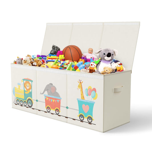 Rossoff Extra Large Collapsible Sturdy Toy Storage Organizer with Lids, Animal Train Toy Box for Boys Girls, 40"x16"x16", Modern, Beige