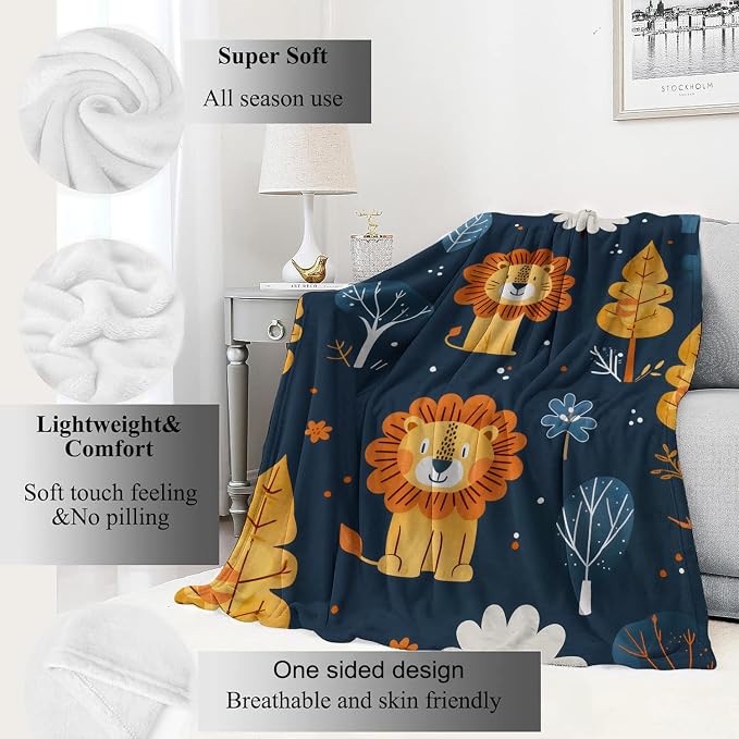 Lion Blanket Cute Cartoon Jungle Tree Throw Blankets,Birthday Gifts for Kids Adult & Animal Lovers,Lightweight Soft Fleece,for Sofa Couch Bed Room Rustic Safari-Themed Decor 40x50in