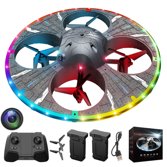 Round Foam RC UFO Drone with Camera, Multi-Color LED Lights (Color Switching), 360° Flips, Speed Adjustment, Beginner-Friendly FPV Quadcopter Airplane (Black)