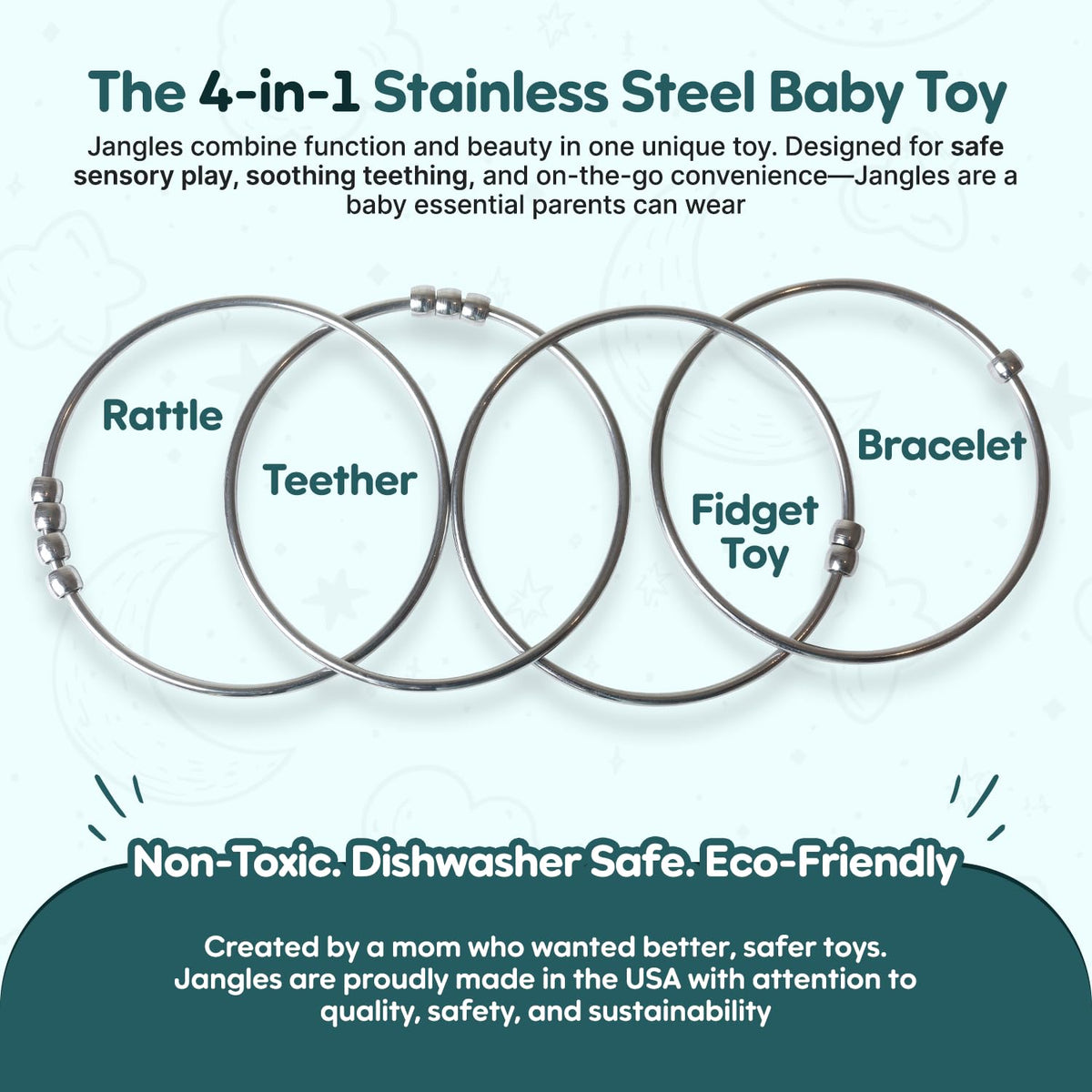 Jangles - Made in USA Stainless Steel Baby Rattle, Teether, Teething Bracelet & Fidget Toy – Heirloom Quality, Safe, Non-Toxic, BPA-Free – Ideal for Teething, Sensory Play & Early Development