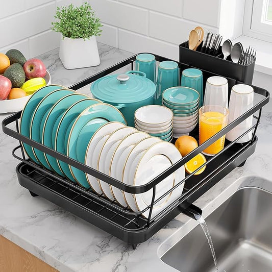 Sakugi Dish Drying Rack - Stainless Steel Dish Rack with Drainboard for Kitchen Counter and Sink, 15.6" D x 12" W x 5" H, Black