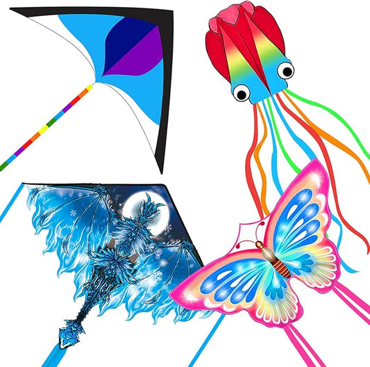 Mint's Colorful Life Kite Set for Kids and Adults, Easy to Fly Butterfly Delta Airplane Dragon Octopus Kite, Large Beach Kites Kits with 300ft String, Best for Gifts & Family Outings