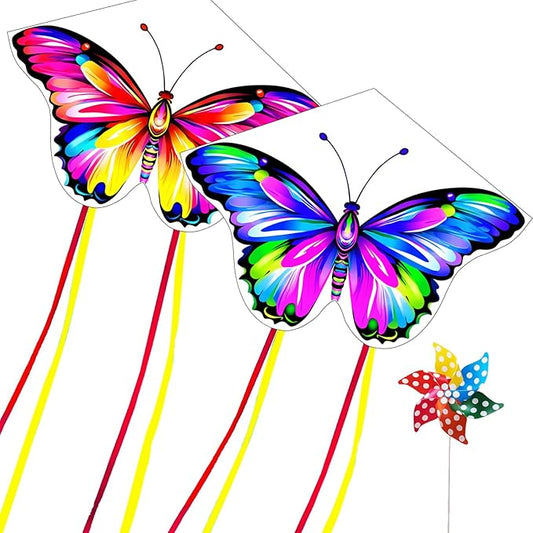Simxkai Butterfly Kite for Kids & Adults, Easy to Fly Blue Big Kite for Beginners, Line Handle Included (1Pack 2Pack)